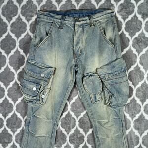 MNML Cargo Jeans Men Sz 28 Stone Wash Multi Pocket M68 Streetwear Utility Denim